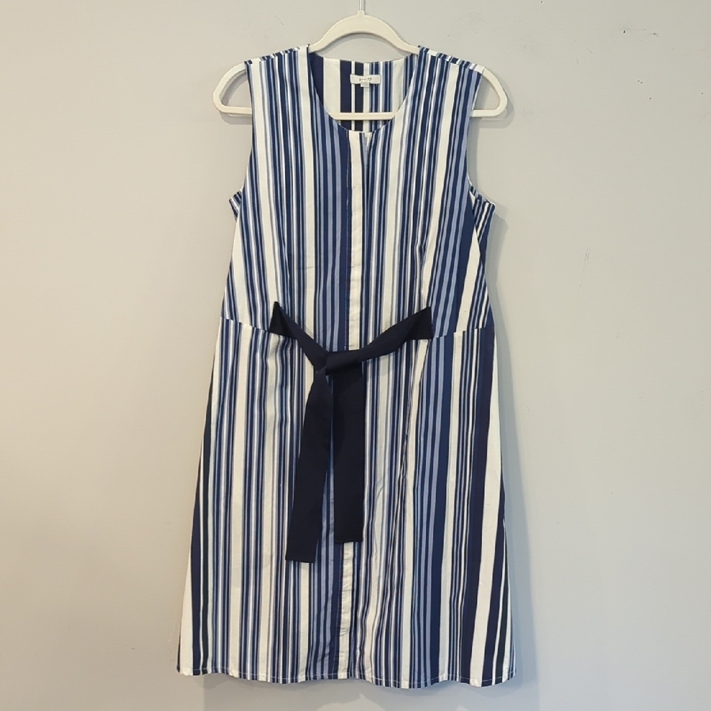 Poetry Dress A-Line‎ Sleeveless 100% Cotton Blue Stripe Tie Belt size 10